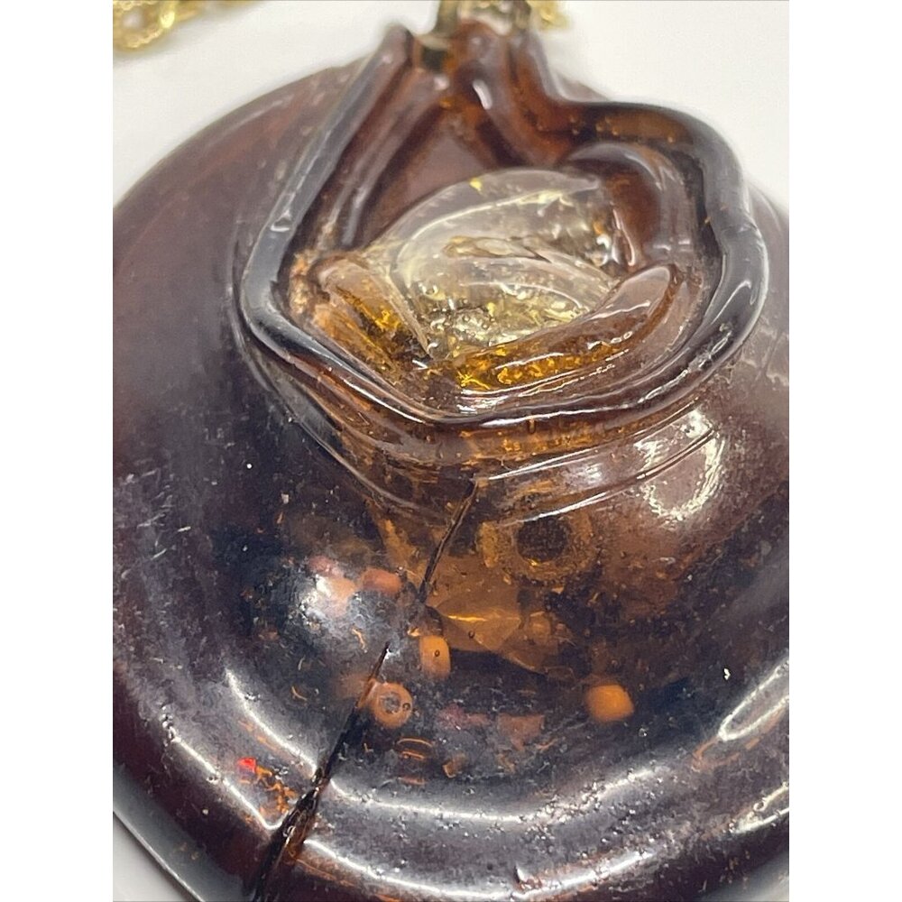 Unique Faux Amber Plastic Pendant Necklace w/ beads embedded 24” Gold Tone Chain - Picture 3 of 9